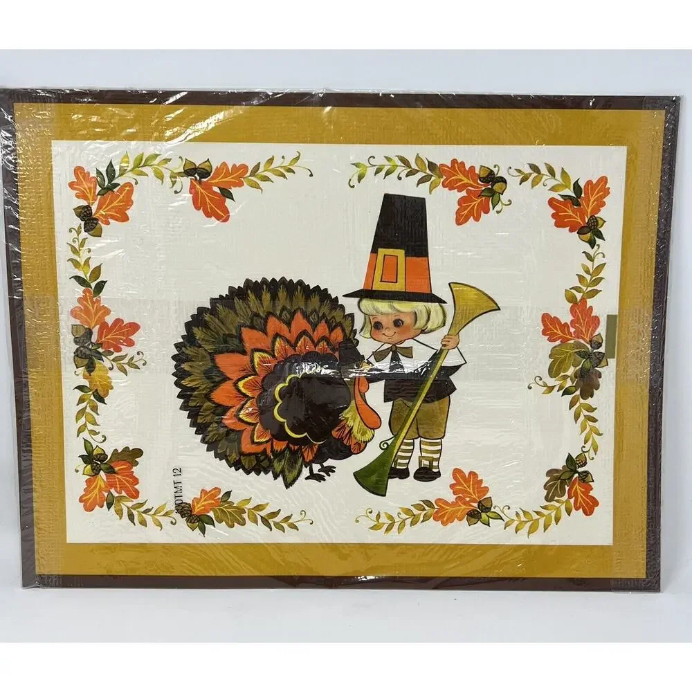 VTG 70s Thanksgiving 8 reusable Placemats Hallmark Plans-a-Party Big Eye Girl